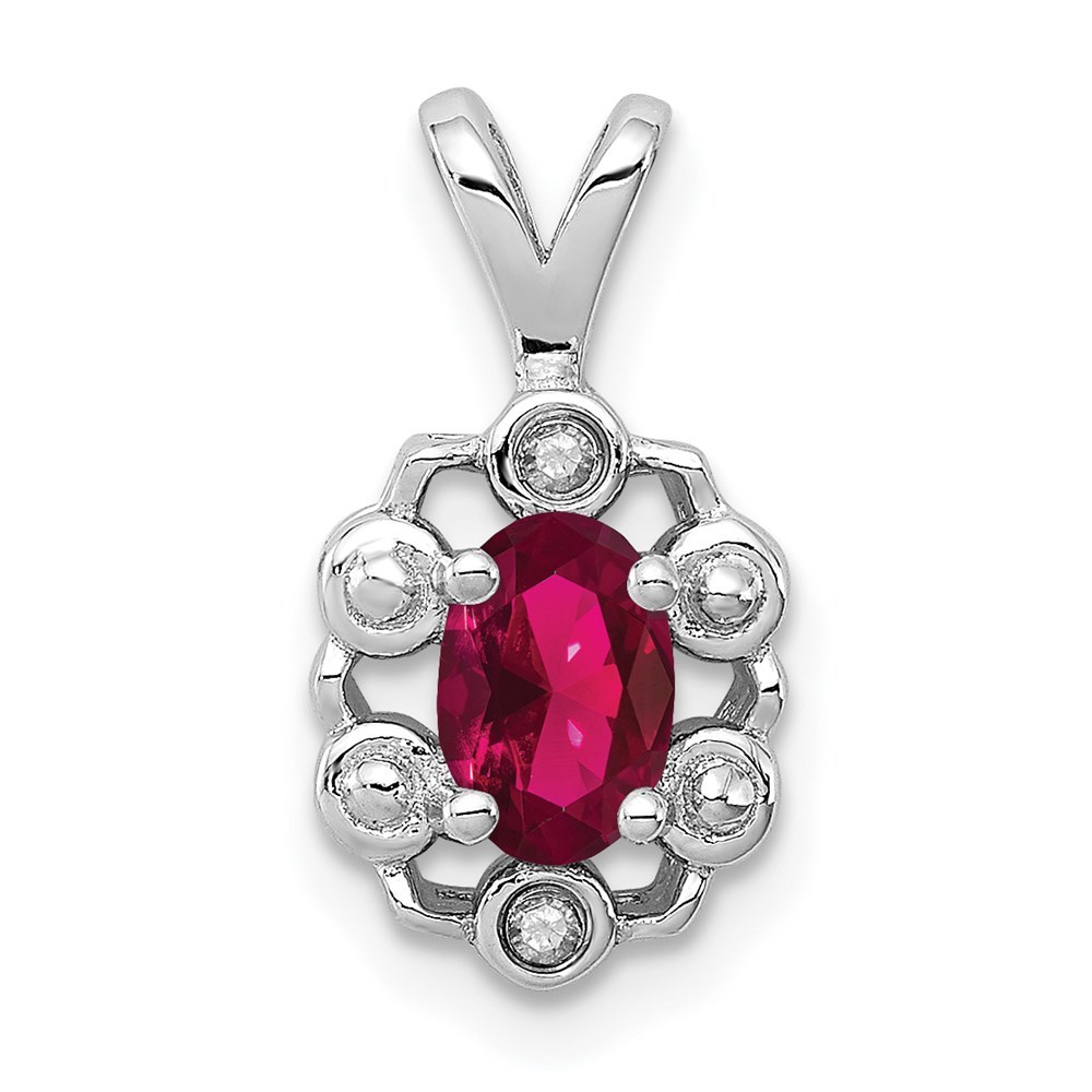 Sterling Silver Created Ruby July Birthstone & Diamond Necklace Charm Pendant